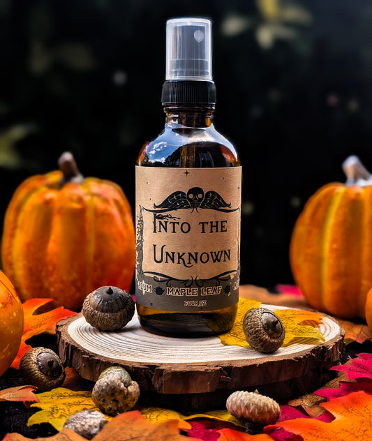 “Into the Unknown room and linen spray with plum, maple leaf, and acorn fragrance, Over the Garden Wall inspired.”