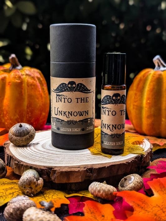 “Into the Unknown perfume oil roller with plum, maple leaf, and acorn fragrance, Over the Garden Wall inspired.”