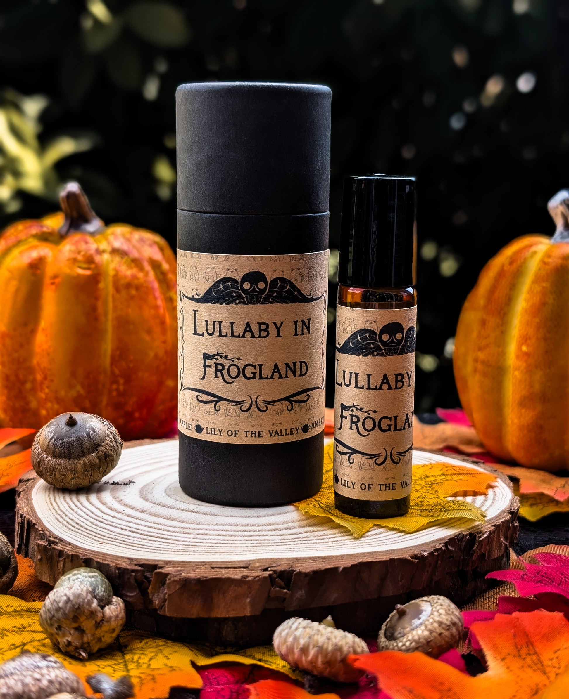 “Lullaby in Frogland perfume oil roller with apple, lily of the valley, and amber fragrance, Over the Garden Wall inspired.”