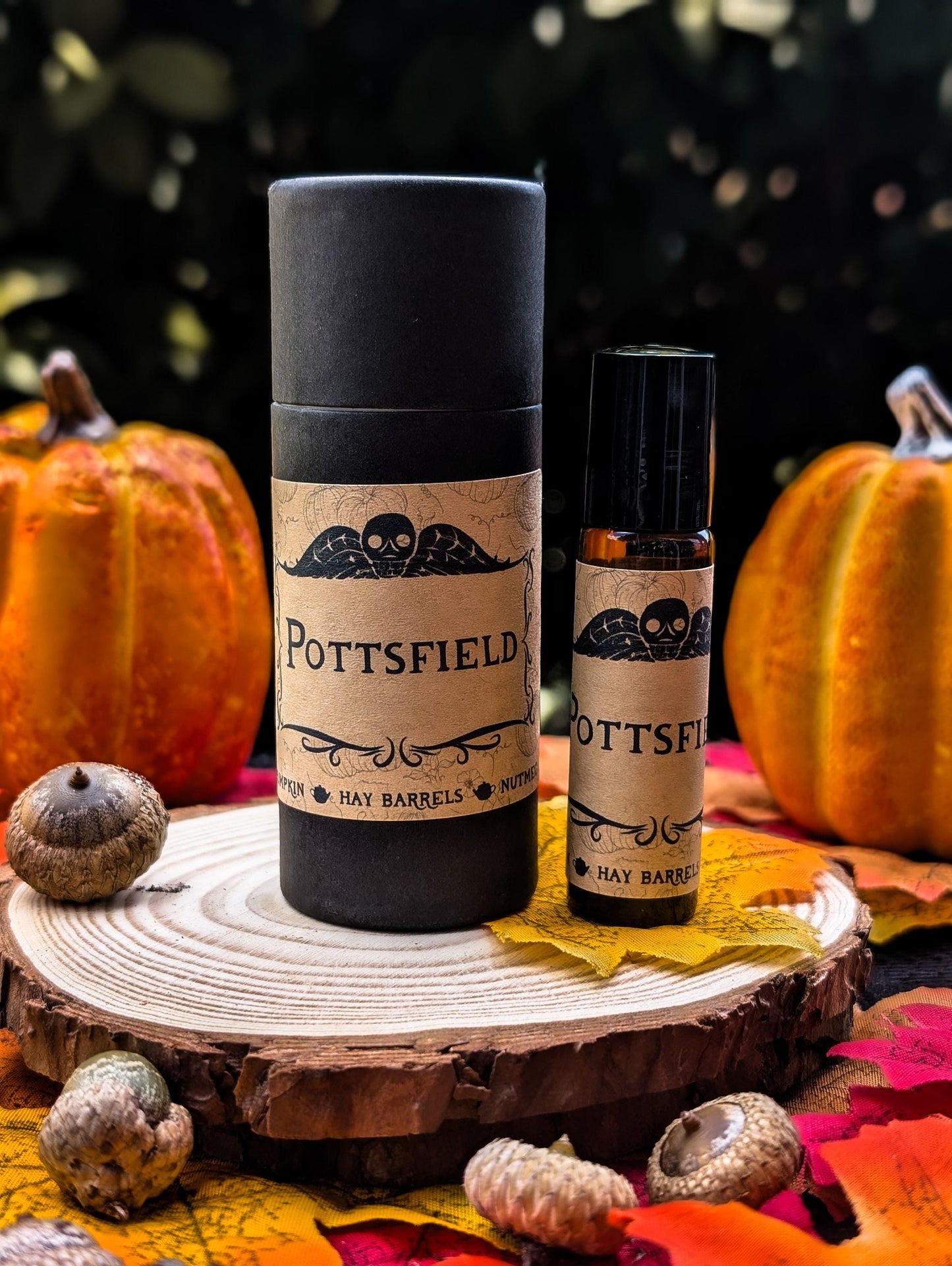 “Pottsfield perfume oil roller with pumpkin, hay barrels, and nutmeg fragrance, Over the Garden Wall inspired.”